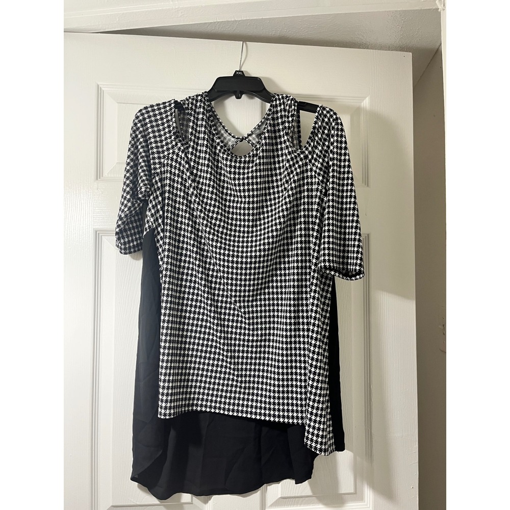Vince Camuto Houndstooth Cold Shoulder Blouse Black‎ White Mixed Media XL